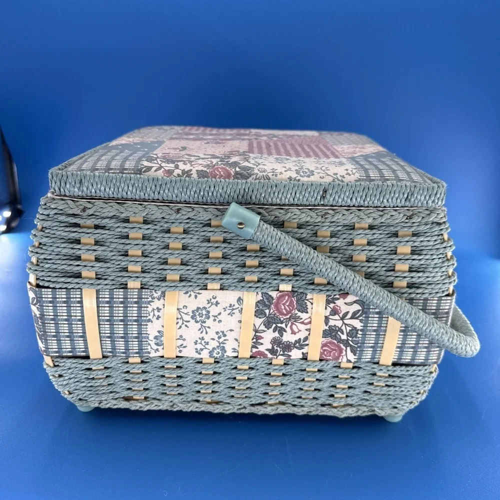 Vintage Wicker Blue Floral Tapestry Square Sewing Box Cottagecore